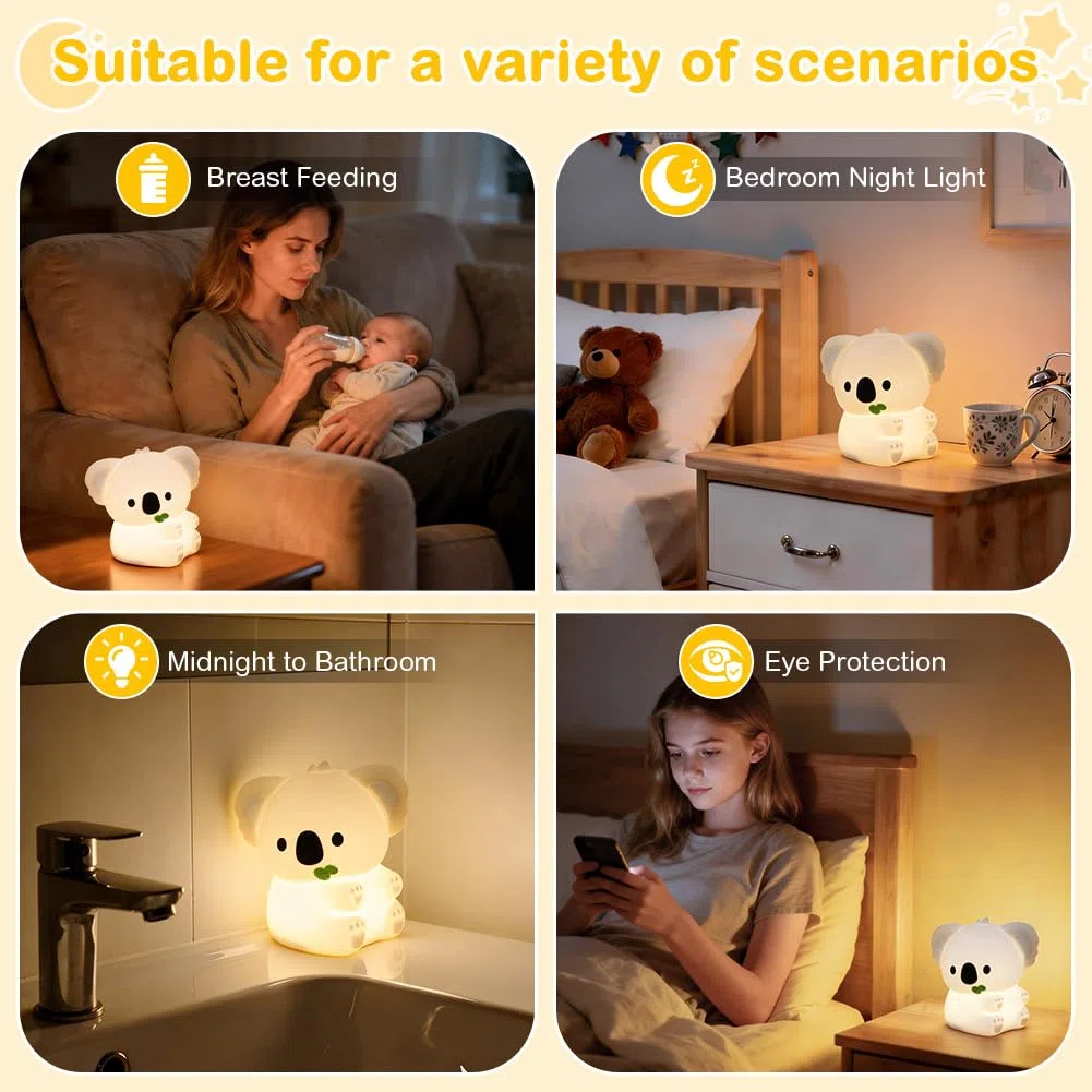 AUAUY Veilleuse Koala, Rechargeable USB Veilleuse Tactile en Silicone, 3 Niveaux Réglables Chaude & 7 Couleurs Minuterie Lampe de Chevet Kawaii, pour Salon, Déco de Table, Cadeau