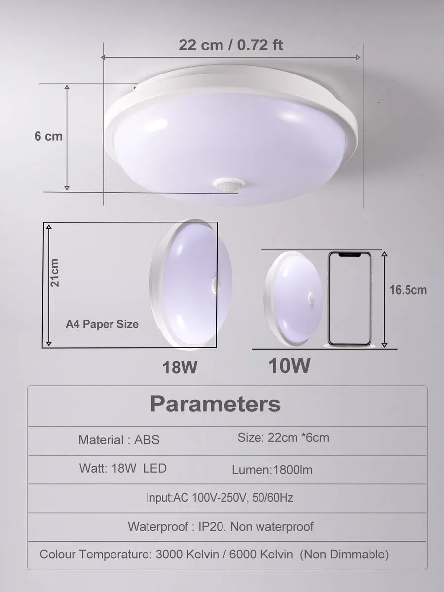 Etrogo Plafonnier avec Détecteur de Mouvement PIR et Capteur de Luminosité - Allumage/Extinction Automatique -Blanc Froid 6000K 18W 1800lm 230V (Rond-22 cm)
