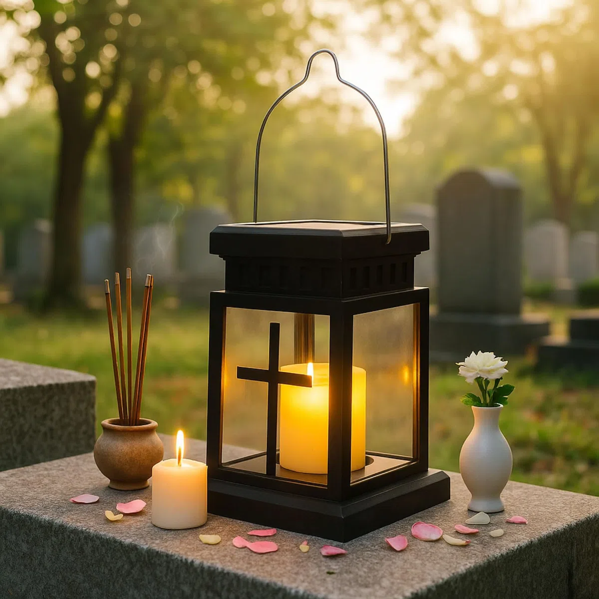 Lanterne funéraire cimetière résistante aux intempéries - Lanterne solaire pour l'extérieur - Lampe funéraire pour tombe - Noire - Avec bougies LED - Petite lanterne à bougie - Cadeau pour deuil