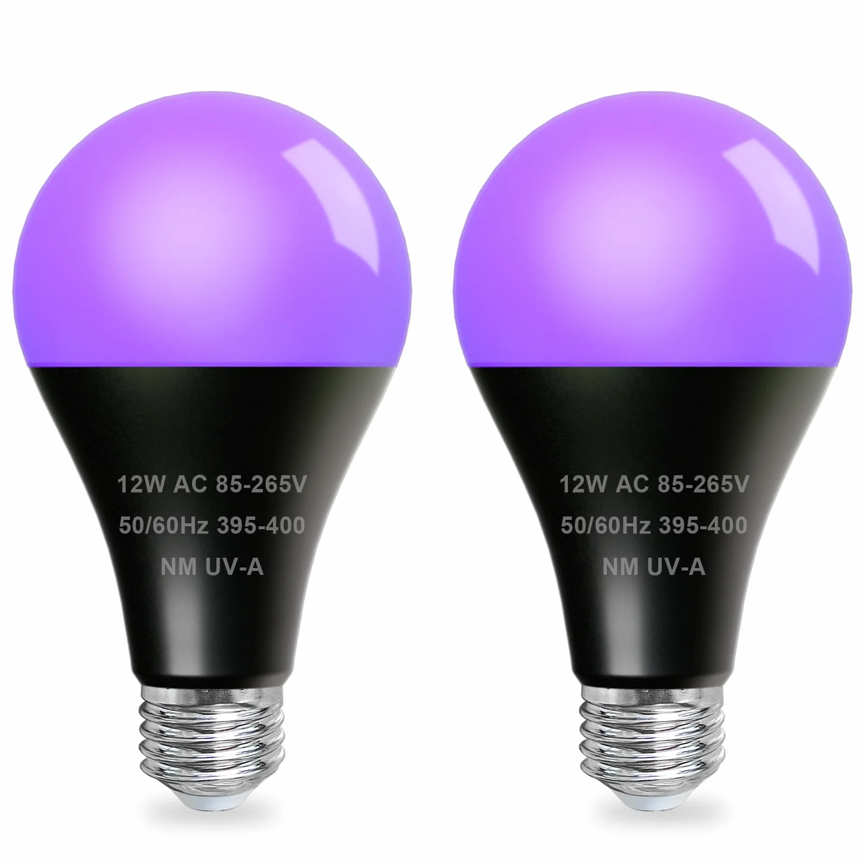 Lot de 2 Ampoules LED UV 12W, Base E27, 395NM UV-A Lumière Noire, 220-240 V, pour Halloween, Bar, Fête, Peinture Fluorescente,Peinture Corporelle