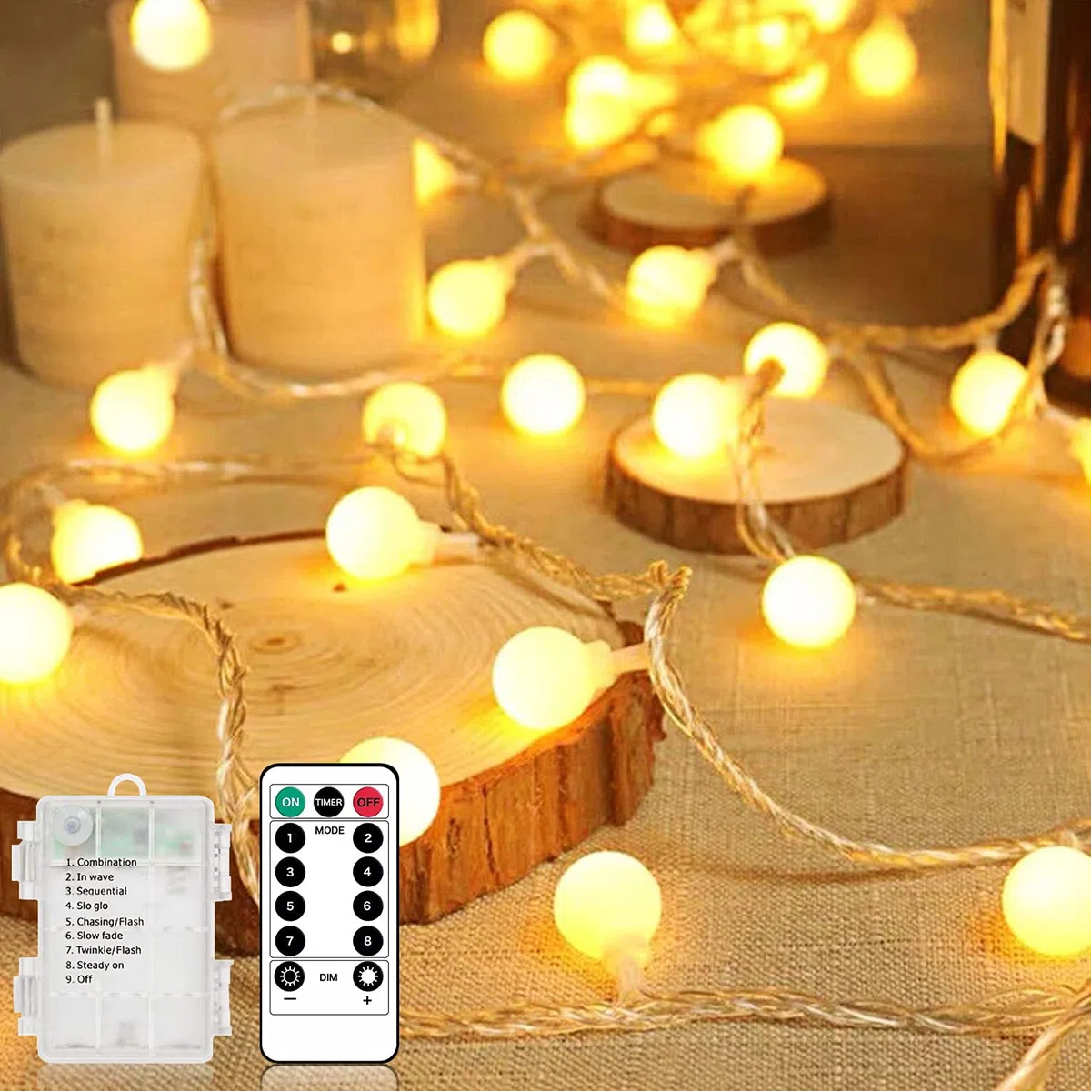 Guirlande Lumineuse Exterieure, 10m 100 LEDs Guirlande lumineuse LED à Pile, Étanche IP65, 8 Modes avec Télécommande Idéale pour le Balcon, Chambres, Noël Décoration (Blanc Chaud)