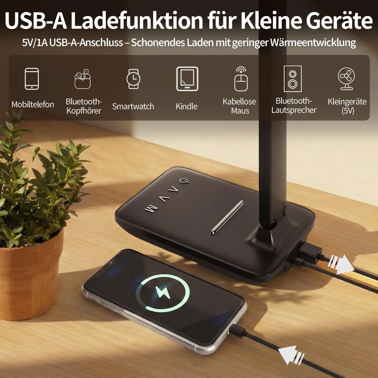 Lampe De Bureau LED, Lampe De Chevet Réglable Avec Lumière Confort Des Yeux Et Port De Charge USB-A, 5 Modes D’Éclairage Et 5 Niveaux De Luminosité, Lampe De Lecture Pliable Pour Chambre