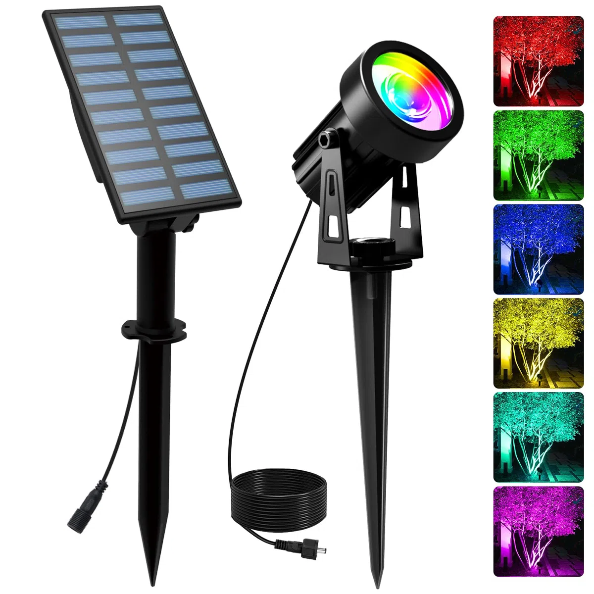 T-SUNUS Spot Solaire Exterieur, Lampe Solaire Exterieur Multicolore Etanche IP65 avec 6 Couleurs Lumière Solaire Extérieure Jardin pour Patio Cour Allée Chemin