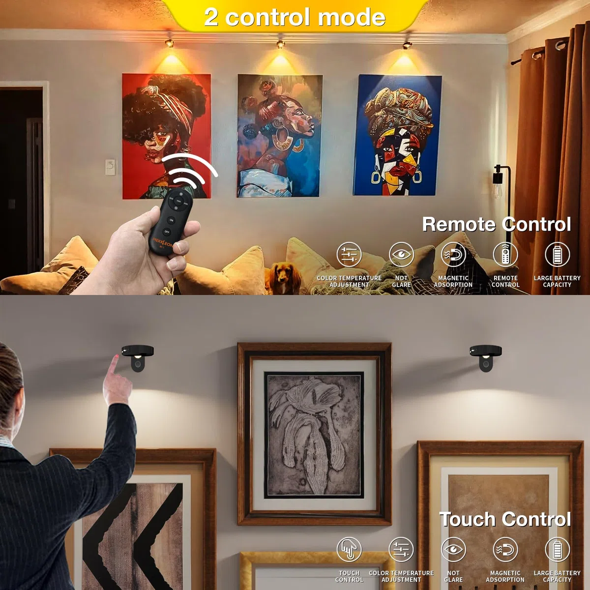 Lot de 4 lampes murales, sans fil, rechargeables, 2000 mAh, avec intensité variable et 3 CCT, avec télécommande, éclairage artistique pour peinture, comptoir, étagère, noir