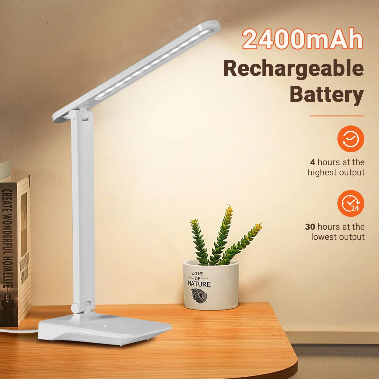 Diboniur Lampe de Bureau LED, Sans Fil Avec 2400mAh Batterie, 3 Modes de Températures & Luminosité Réglable 15 à 100%, Pliable, Contrôle Tactile, Protection des Yeux, pour Chevet, Bureau, Enfants