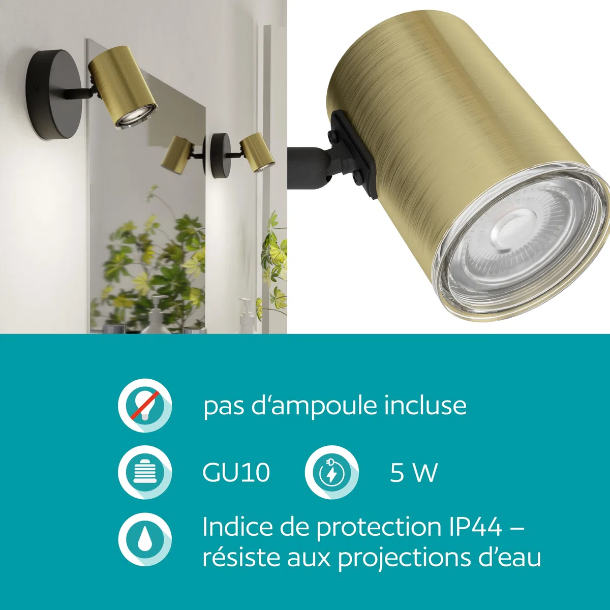 Eglo Applique murale Consuma 1, lampe salle de bain avec spot orientable, luminaire chambre métal noir et laiton, pour douille GU10, IP44