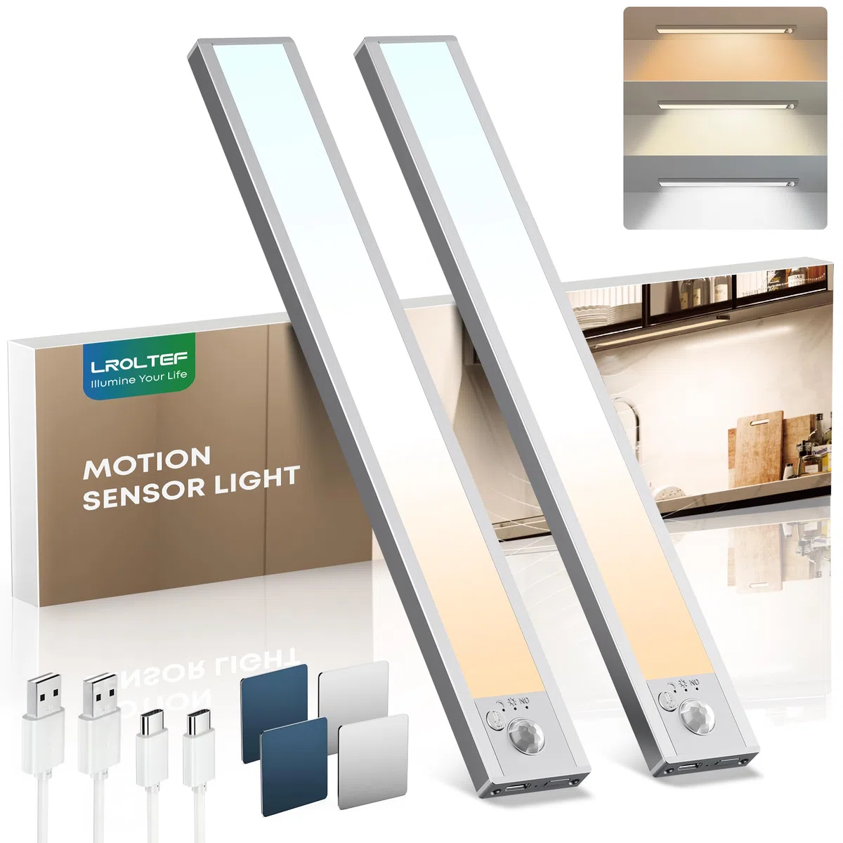 LROLTEF Lampe Placard sans Fil Rechargeable Cuisine sous Meuble - 21cm 1500mAh 3000K 4000K 6500K 3 Température Dimmable Lumières avec Detecteur de Mouvement para Armoire, Cuisine, Escalier | 2 Piezas