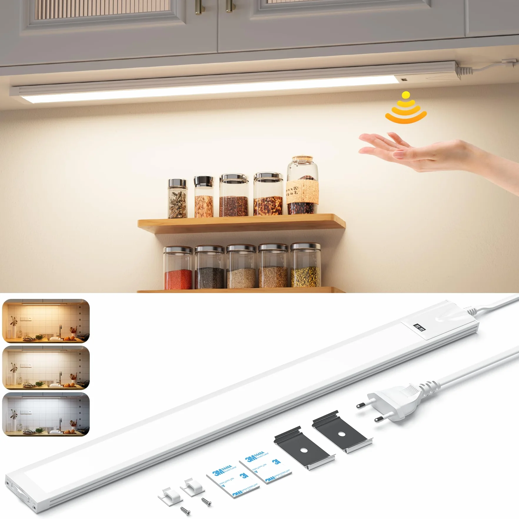 Lureshine Réglette LED Cuisine de 41cm, Dimmable Lampe Led Detecteur De Mouvement Interieur, 3 températures Lumiere reglette led cuisine Adaptée Armoires et plans de travail.