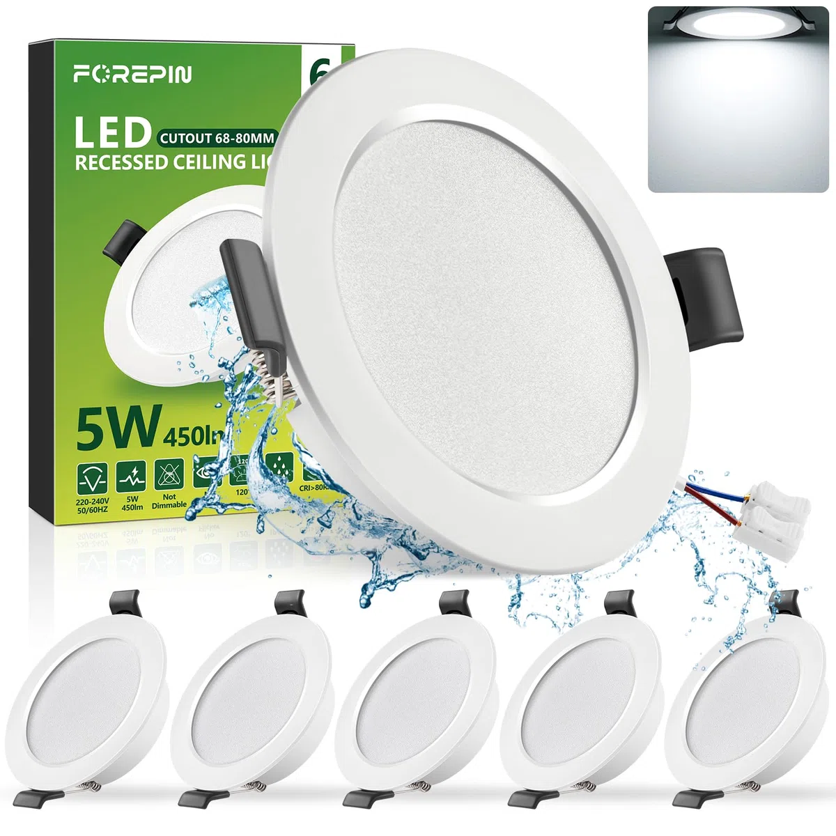 Spot LED Encastrable Extra Plat Blanc Froid 6000K, 5W IP44 Spots de Plafond Encastre Pour Salle de Bain, Cuisine, Salon - Trou Ø68-80mm, Lot de 6