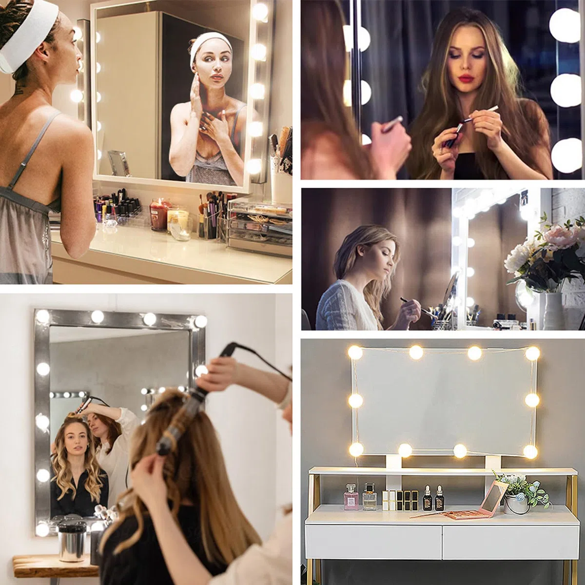 Led Miroir Coiffeuse Ampoules, Hollywood Lumiere Coiffeuse, 14 Ampoules Lampe Coiffeuse, Kit de Lumières de Miroir Hollywood, Dimmable, USB, Hollywood LED Ampoules avec 3 Couleurs
