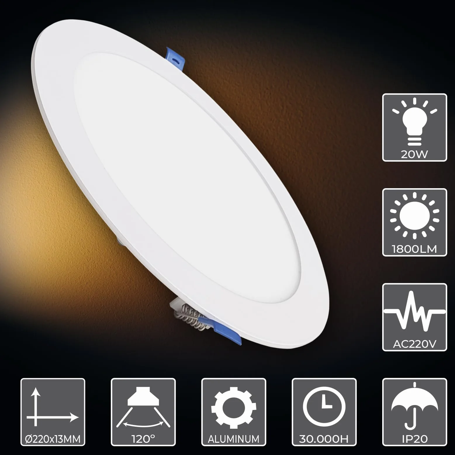 LED ATOMANT Lot de 2 Panneau LED Encastrable Downlight Rond Plat 20W 220mm 1800lm, Couleur Blanc Froid (6500K), Coupe 200mm, Driver inclus