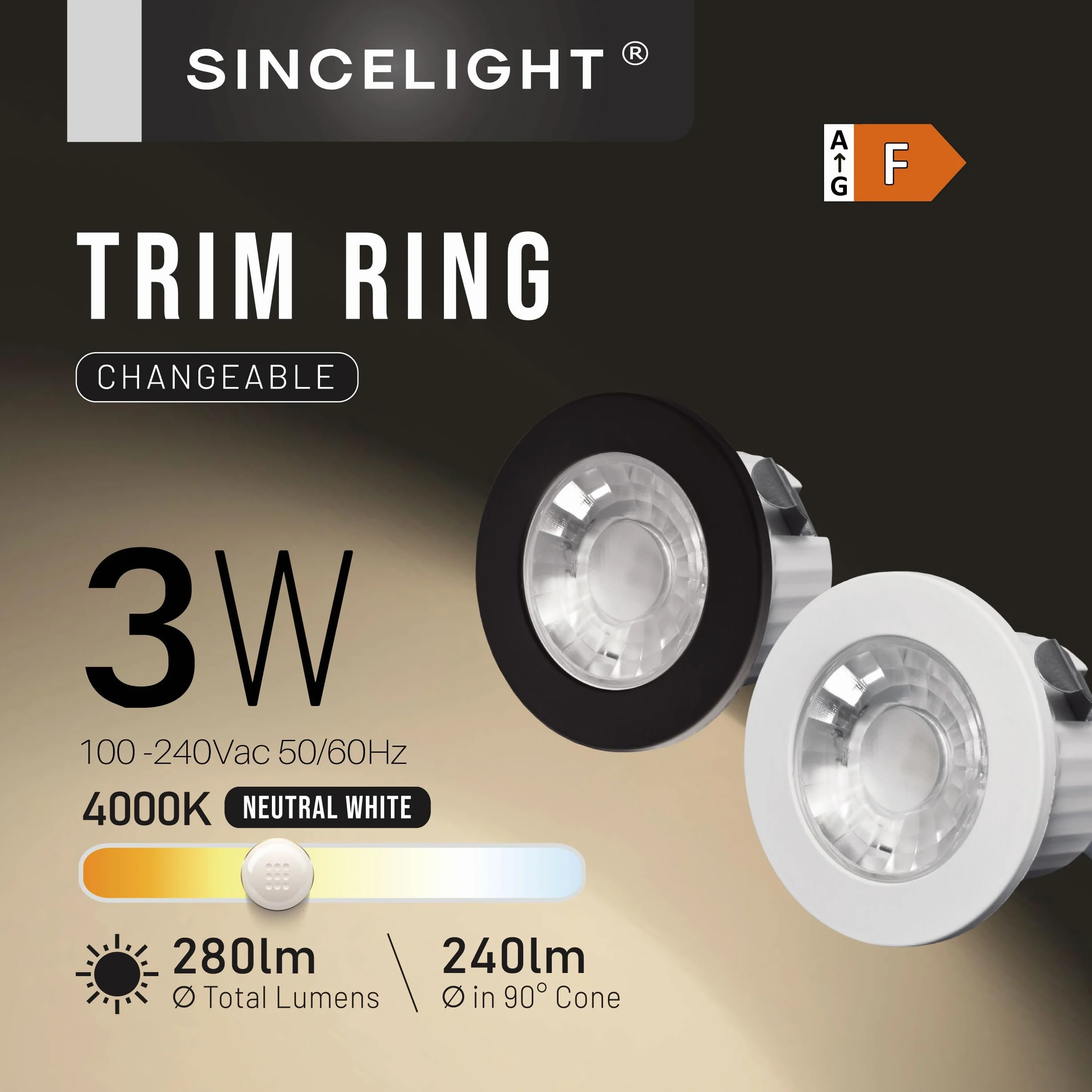 SINCELIGHT Mini Spot encastrable 3W, petit downlight à LED pour trou de 35-40mm, Anneau blanc/noir remplaçable, Blanc Neutre 4000K, Remplaçant MR11, étanche IP65 pour plafond/armoire/vitrine, 5 unités