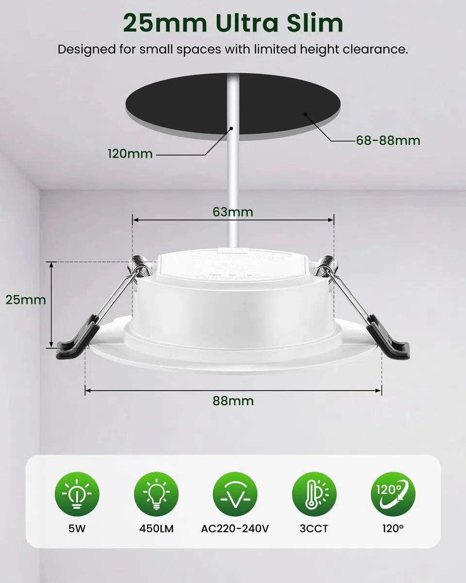 Spot LED Encastrable Extra Plat Blanc Froid 6000K, 5W IP44 Spots de Plafond Encastre Pour Salle de Bain, Cuisine, Salon - Trou Ø68-80mm, Lot de 6