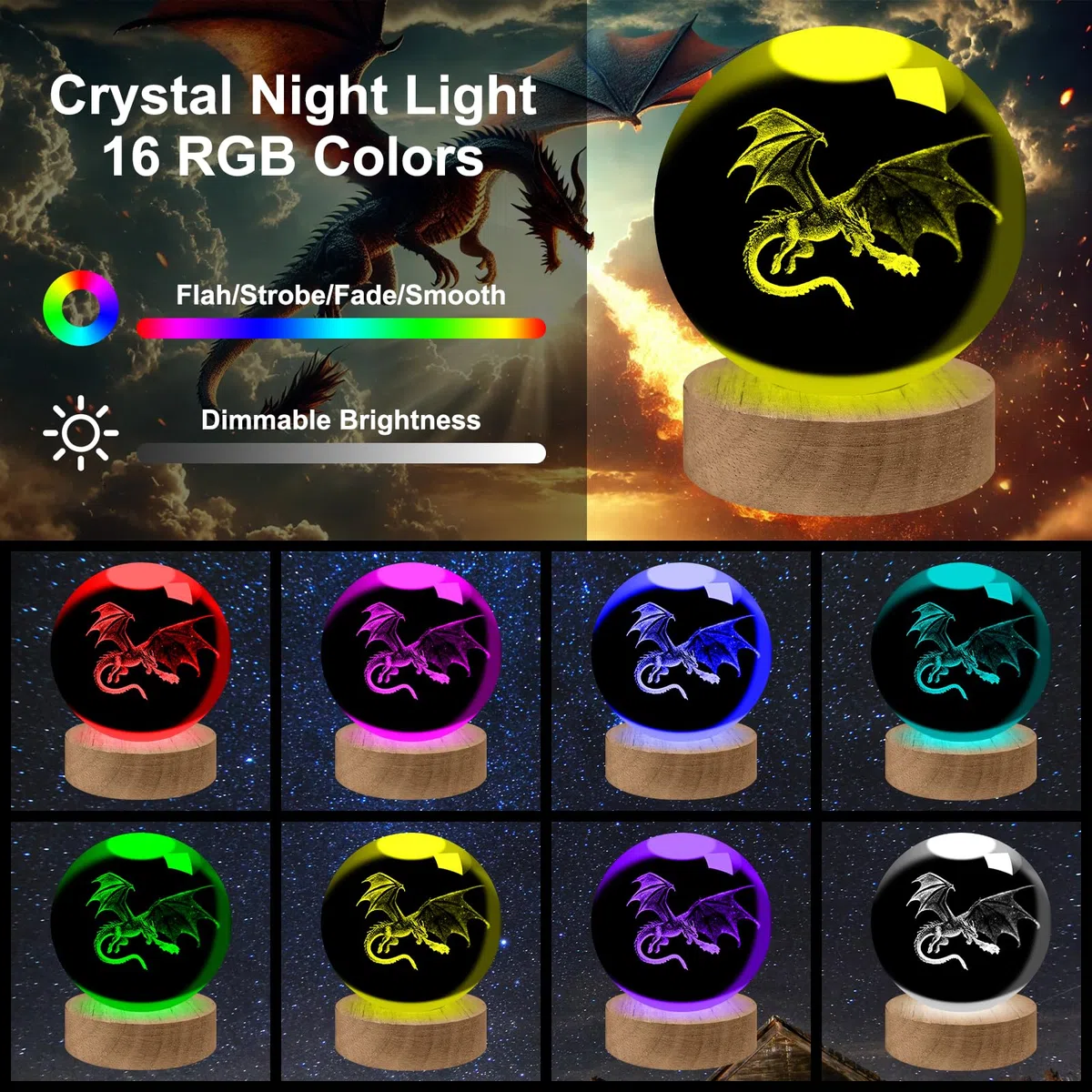 Veilleuse dragon 3D, modèle en cristal K9, boule de cristal avec dragon gravé en 3D et base lumineuse LED, cadeau pour les enfants, les couples, les anniversaires et les fêtes