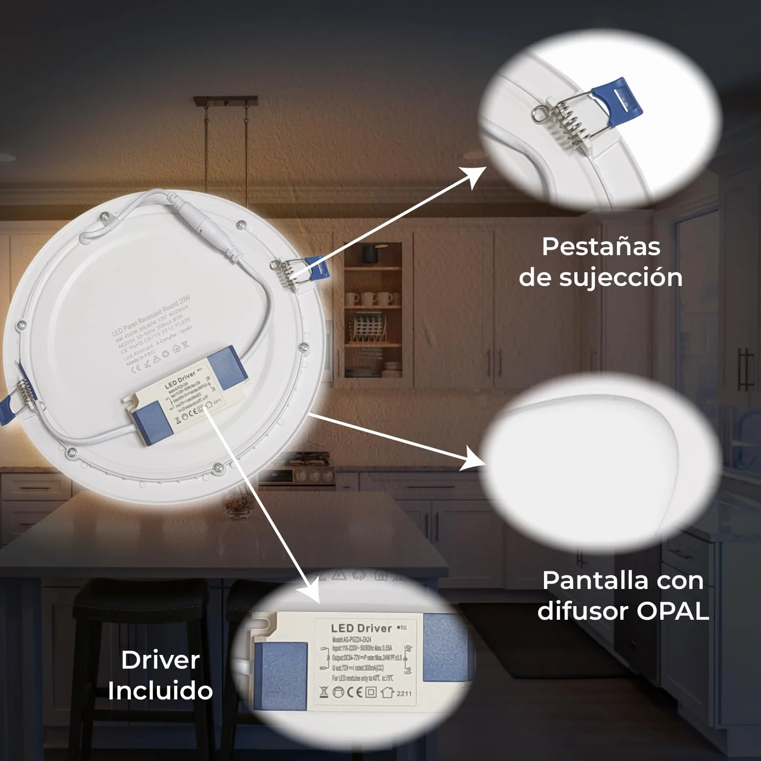 LED ATOMANT Lot de 2 Panneau LED Encastrable Downlight Rond Plat 20W 220mm 1800lm, Couleur Blanc Froid (6500K), Coupe 200mm, Driver inclus