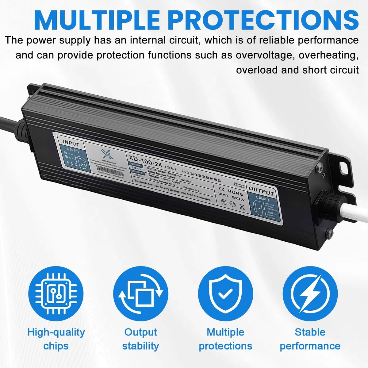 Transformateur LED 24 V 100 W : transformateur étanche pour extérieur avec prise, IP67, alimentation LED 4,2 A, convertisseur AC 230 V vers DC 24 V pour rubans LED, spots et bandes lumineuses.