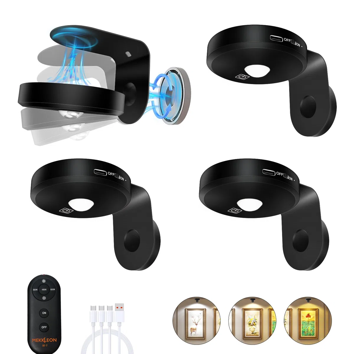 Lot de 4 lampes murales, sans fil, rechargeables, 2000 mAh, avec intensité variable et 3 CCT, avec télécommande, éclairage artistique pour peinture, comptoir, étagère, noir
