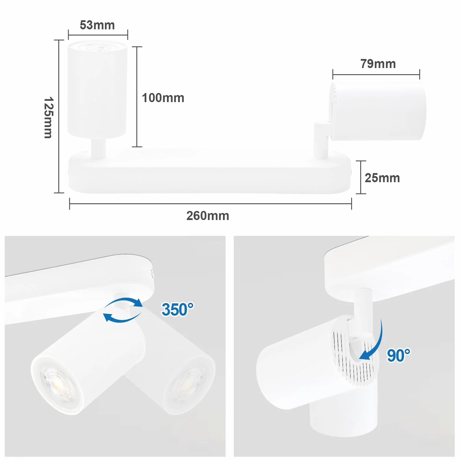 KYOTECH Plafonnier LED GU10 2 Spots Orientables Spot Plafond GU10 Applique Plafond Interieur Pivotants Applique murale LED Blanc,livré sans ampoules