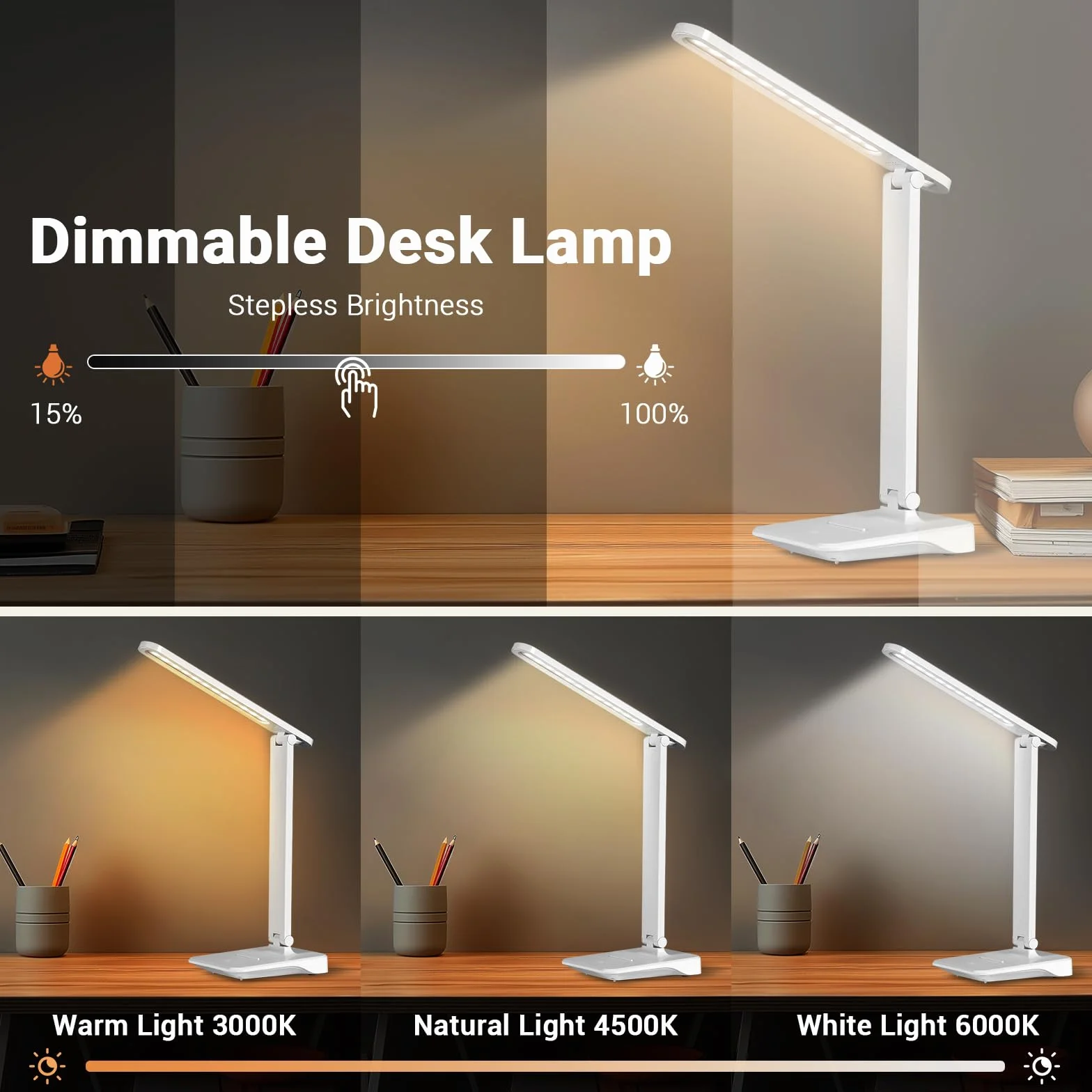 Diboniur Lampe de Bureau LED, Sans Fil Avec 2400mAh Batterie, 3 Modes de Températures & Luminosité Réglable 15 à 100%, Pliable, Contrôle Tactile, Protection des Yeux, pour Chevet, Bureau, Enfants