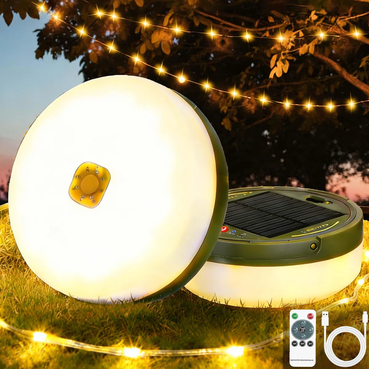 Guirlande Lumineuse Solaire de Camping 10M Rechargeable USB-C/Solaire - 8 Modes d'Éclairage, Télécommande, Minuterie, 12H Autonomie, IP44, Léger 270g - Blanc Chaud pour Tente, Jardin, Randonnée, Noël.