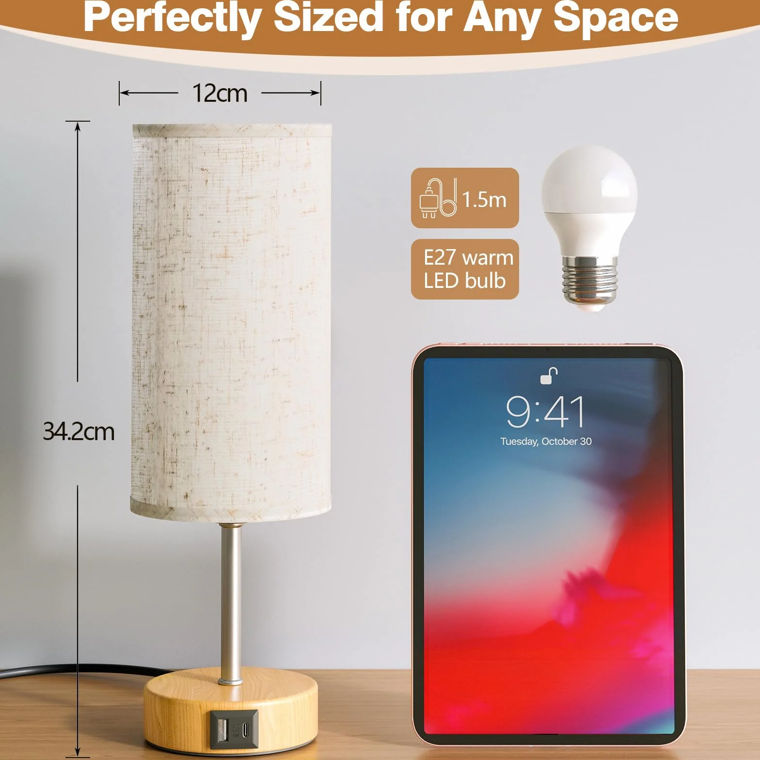 Lampe de Chevet Tactile avec Ports de Charge USB-A et USB-C, Lampe de Bureau, Variateur 3 Niveaux, Abat-Jour en Tissu de Lin, Petite Lampe de Table, avec Câble de 1,5 m (Ampoule E27 Incluse)