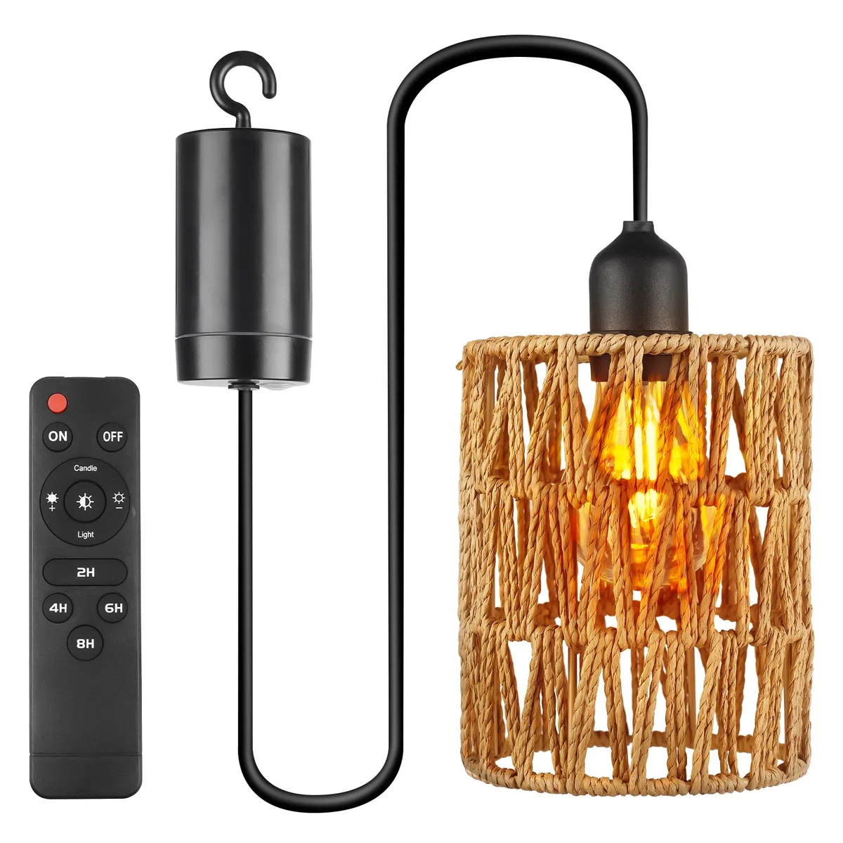 Lustre en Rotin, E27 Éclairage Extérieur avec Batterie, Lampe à Suspension en Rotin Boho Portable, Lustre Extérieur pour Patio, Bar, Jardin, Terrasse, Salon, Chambre à Coucher