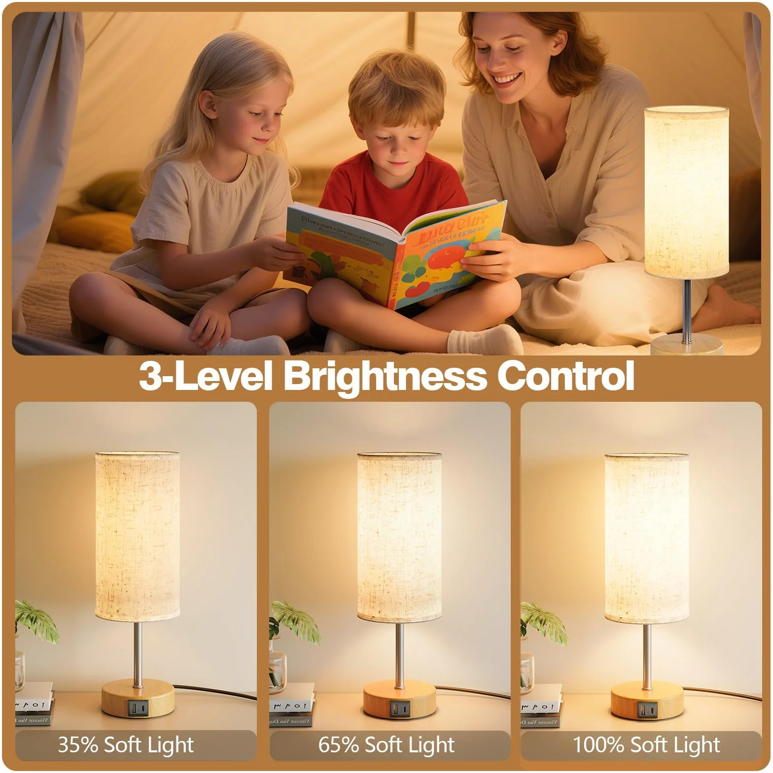 Lampe de Chevet Tactile avec Ports de Charge USB-A et USB-C, Lampe de Bureau, Variateur 3 Niveaux, Abat-Jour en Tissu de Lin, Petite Lampe de Table, avec Câble de 1,5 m (Ampoule E27 Incluse)