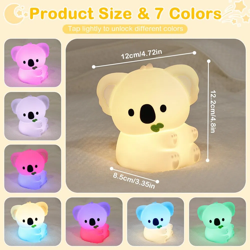 AUAUY Veilleuse Koala, Rechargeable USB Veilleuse Tactile en Silicone, 3 Niveaux Réglables Chaude & 7 Couleurs Minuterie Lampe de Chevet Kawaii, pour Salon, Déco de Table, Cadeau