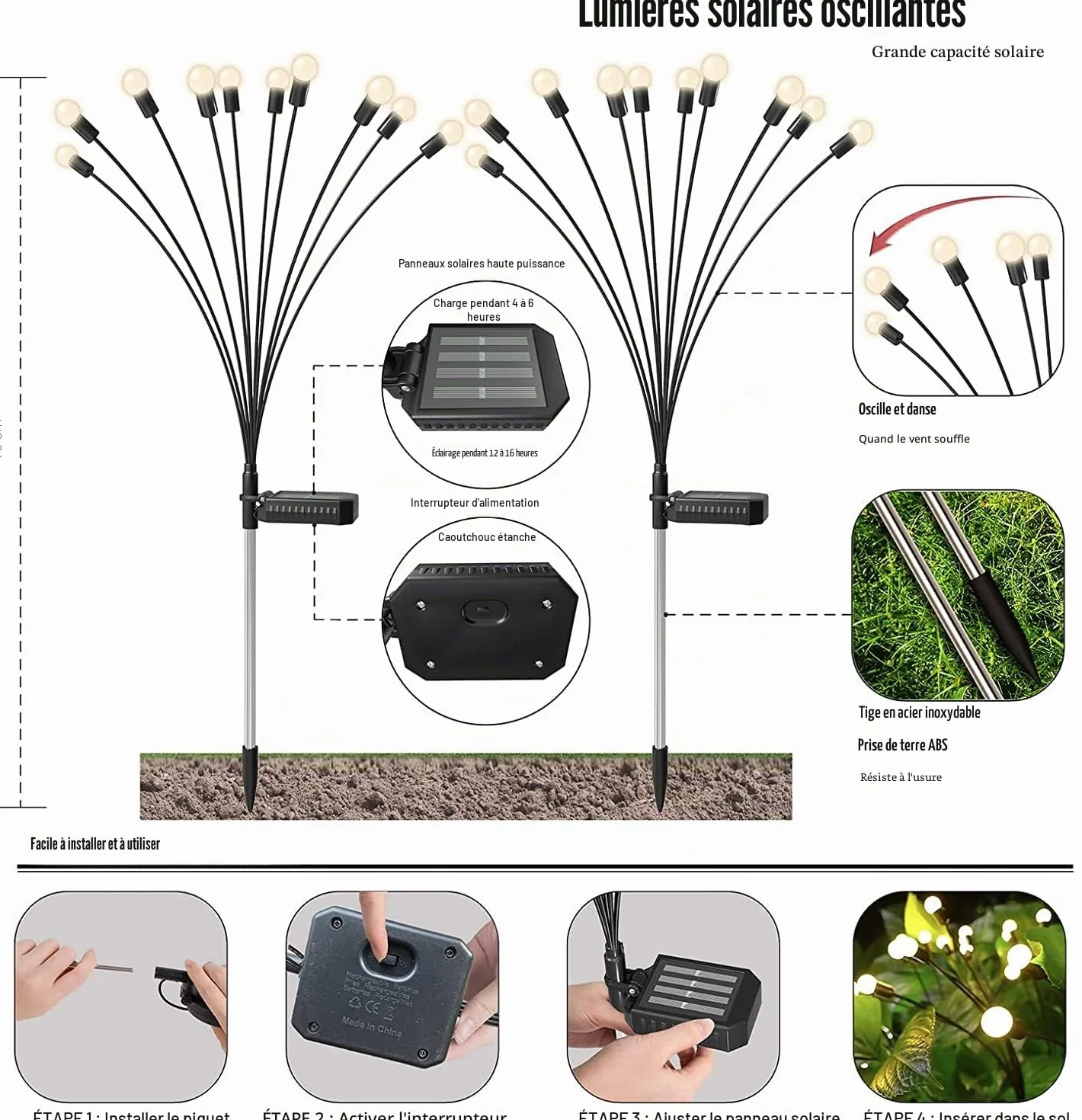 Kizozo Lot de 4 lampes solaires d'extérieur en forme de lucioles avec 8 LED, lampes solaires de jardin étanches IP65, lampes solaires pour extérieur, lampes solaires pour jardin, balcon, décoration de