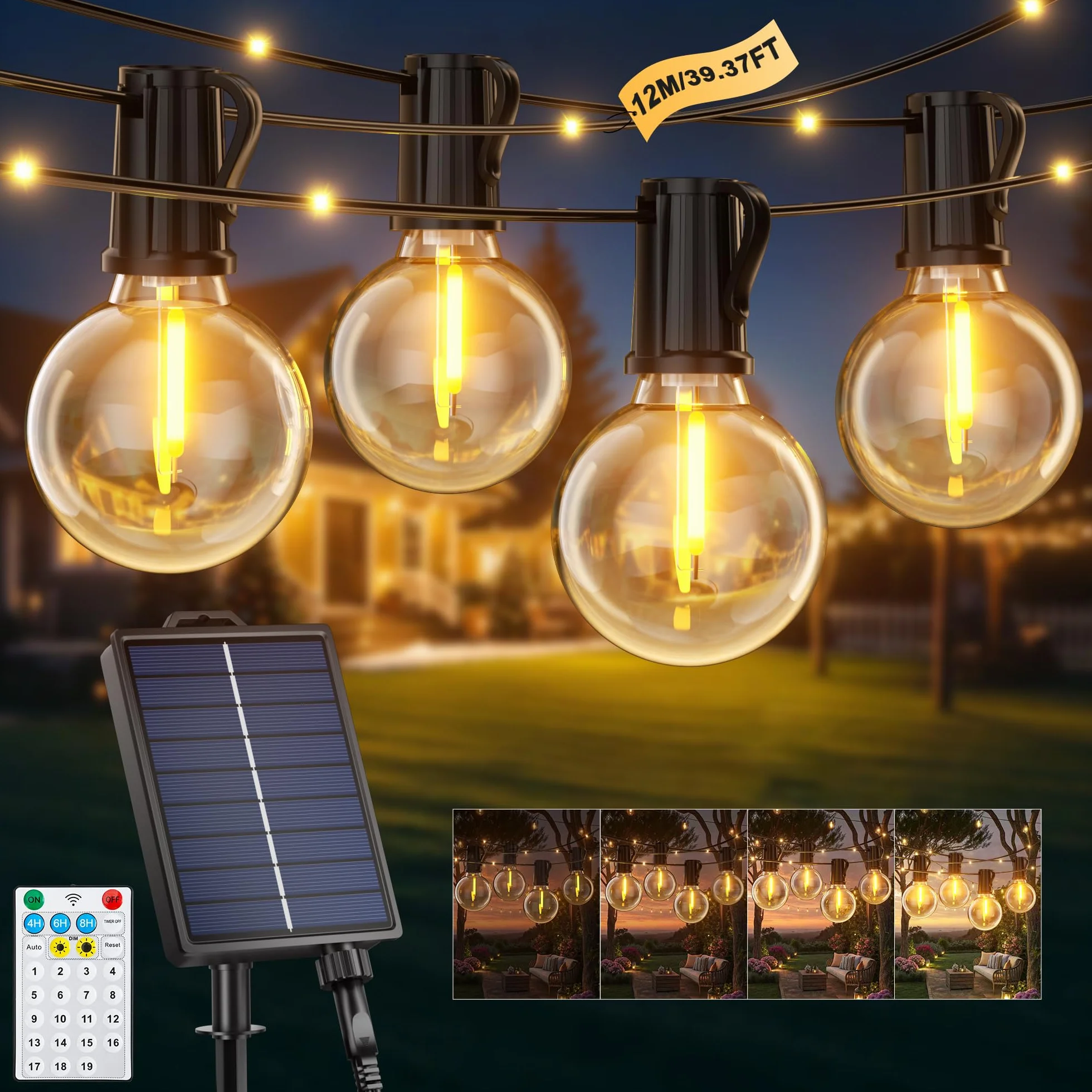Guirlande Solaire Exterieur, 12M/39.4Ft Guirlande Lumineuse Solaire avec 14+1 G40 Ampoules et 26 Perles LED, 19 Modes Étanche IP44 Guirlande Guinguette Extérieur pour Jardin Terrasse Mariage Fête
