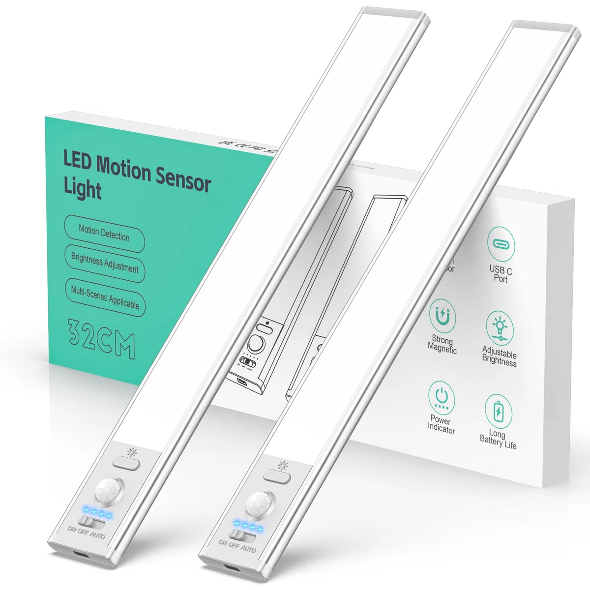 ISEYOU LED Cuisine Sous Meuble, 32CM Lampe de Placard Avec Indicateur 3000mAh Rechargeable, 6000K Dimmable Lumiere Detecteur de Mouvement Interieur pour Escalier Couloir Salle de Bain Appliques