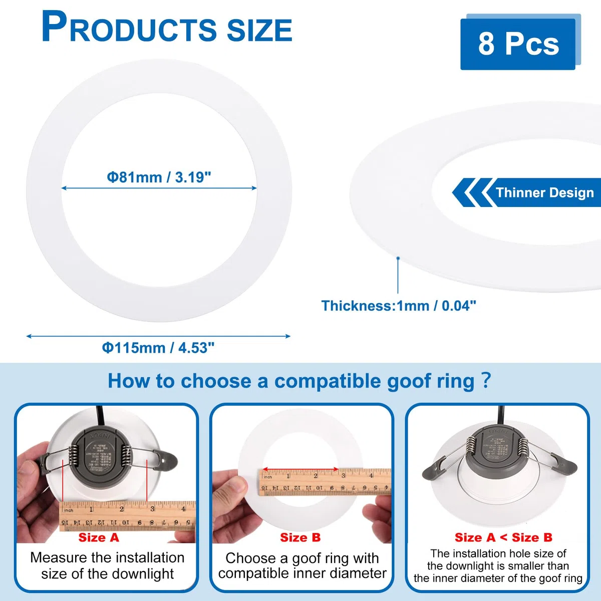 PATIKIL Anneaux de Rattrapage de 3,19" de Diamètre Intérieur, 4,53" de Diamètre Extérieur, 8 Pcs d'Anneaux de Rattrapage en Métal pour Couvrir Luminaires Encastrés, Finition Mate Blanche