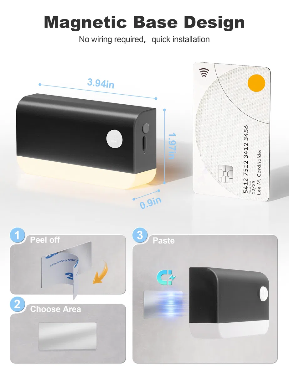 VOLISUN Veilleuse Détecteur de Mouvement, Lot de 3 Lampe Detecteur de Mouvement Interieur avec 2 Mode lumière et 1200mAh Batterie, Lampe Veilleuse pour Escalier, Couloir, Chambre, Armoire (Noir)