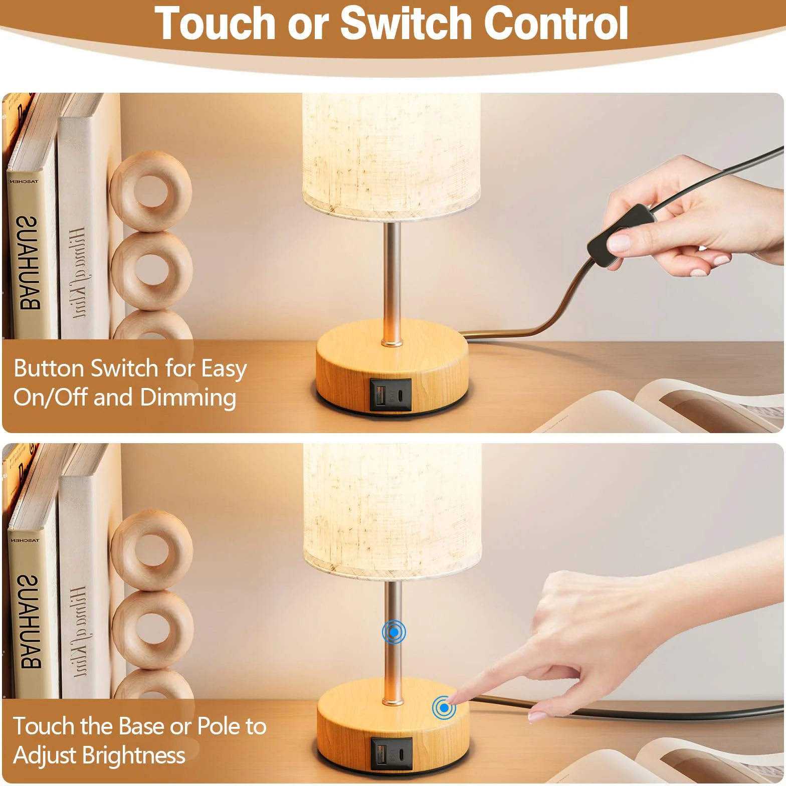 Lampe de Chevet Tactile avec Ports de Charge USB-A et USB-C, Lampe de Bureau, Variateur 3 Niveaux, Abat-Jour en Tissu de Lin, Petite Lampe de Table, avec Câble de 1,5 m (Ampoule E27 Incluse)