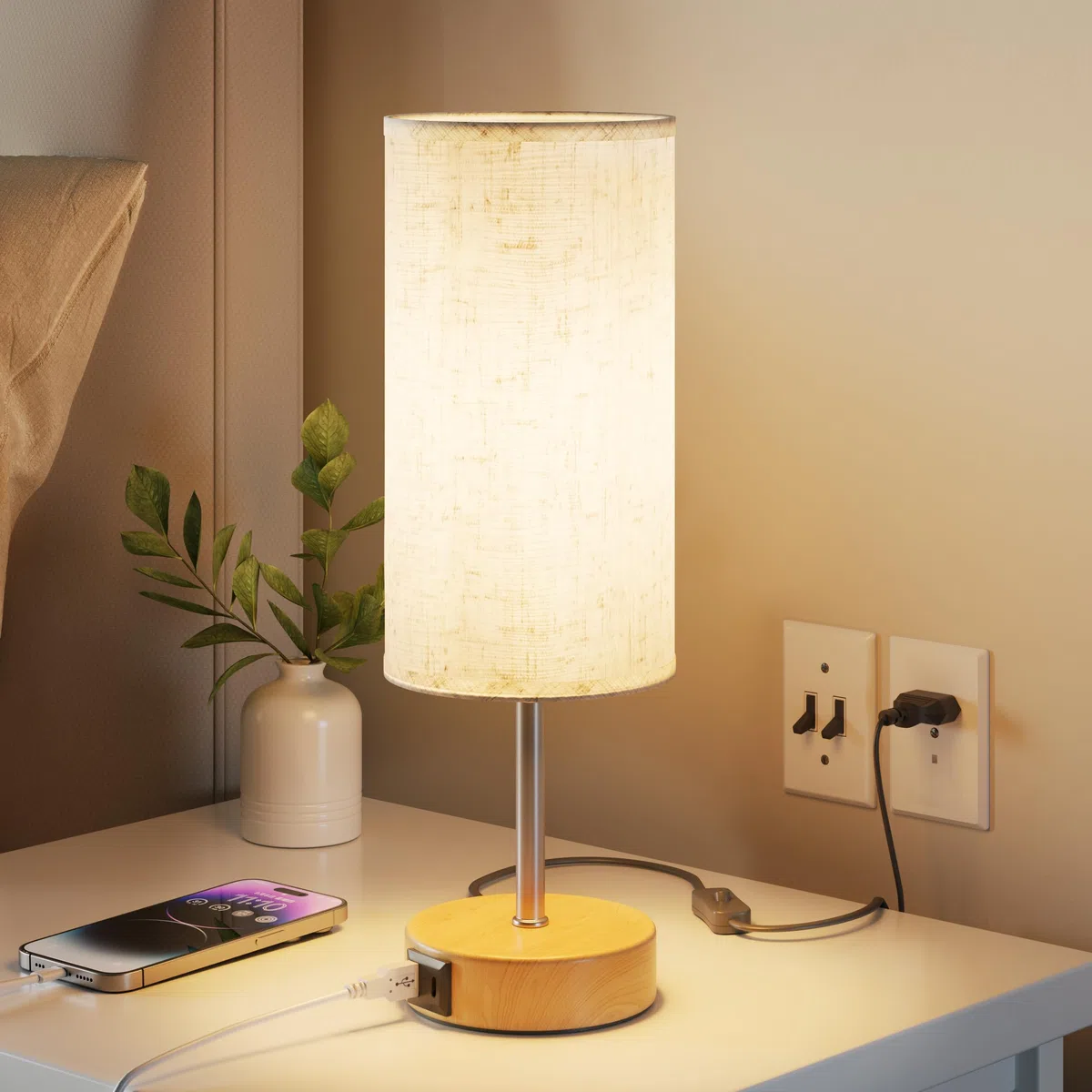 Lampe de Chevet Tactile avec Ports de Charge USB-A et USB-C, Lampe de Bureau, Variateur 3 Niveaux, Abat-Jour en Tissu de Lin, Petite Lampe de Table, avec Câble de 1,5 m (Ampoule E27 Incluse)