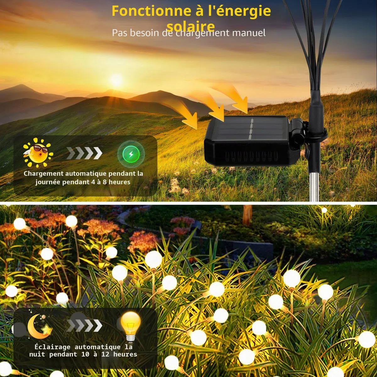Lampe Solaire Exterieur Jardin, 4 Pièces 8LED Lumiere Solaire Exterieur Conception Améliorée, Hauteur Réglable, Plusieurs Modes Disponibles IP65 Étanche, pour Patios Terrasses Jardin Pelouse Terrasse