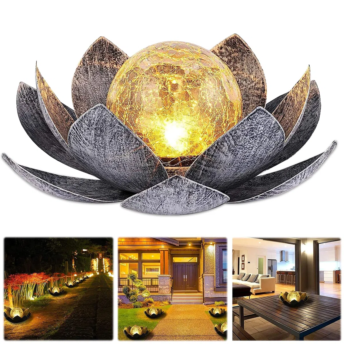 lampe solaire d'extérieur, fleur de lotus lanterne solaire avec des effets lumineux blanc chaud lumineux, IP44 étanche lampes solaires de jardin pour terrasse, cour, pelouse, balcon
