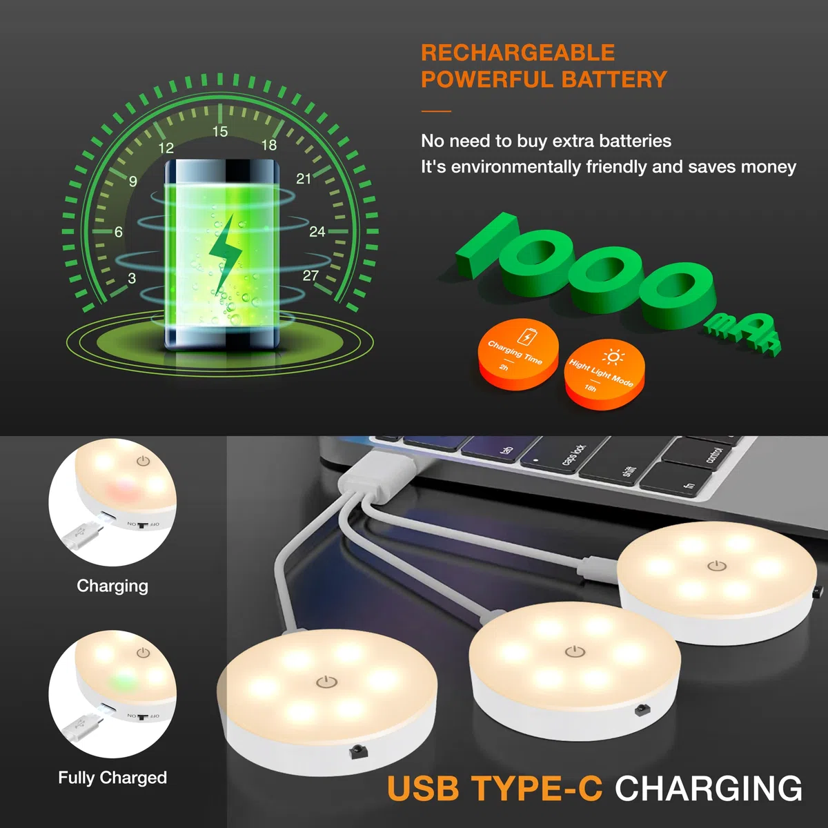 Lot de 3 lampes rondes avec télécommande, 1 000 mAh rechargeables, pour dessous d'armoire, lampes LED de placard, lumières à coller sans fil pour dessous d'armoire,couloir, escalier 6pcs