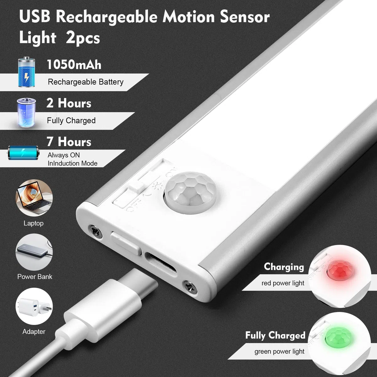 AiQInu 66 Lampe de placard LED avec détecteur de mouvement, Rechargeable par USB, lampe de placard 20 cm à intensité variable avec bande magnétique pour la cuisine, les escaliers