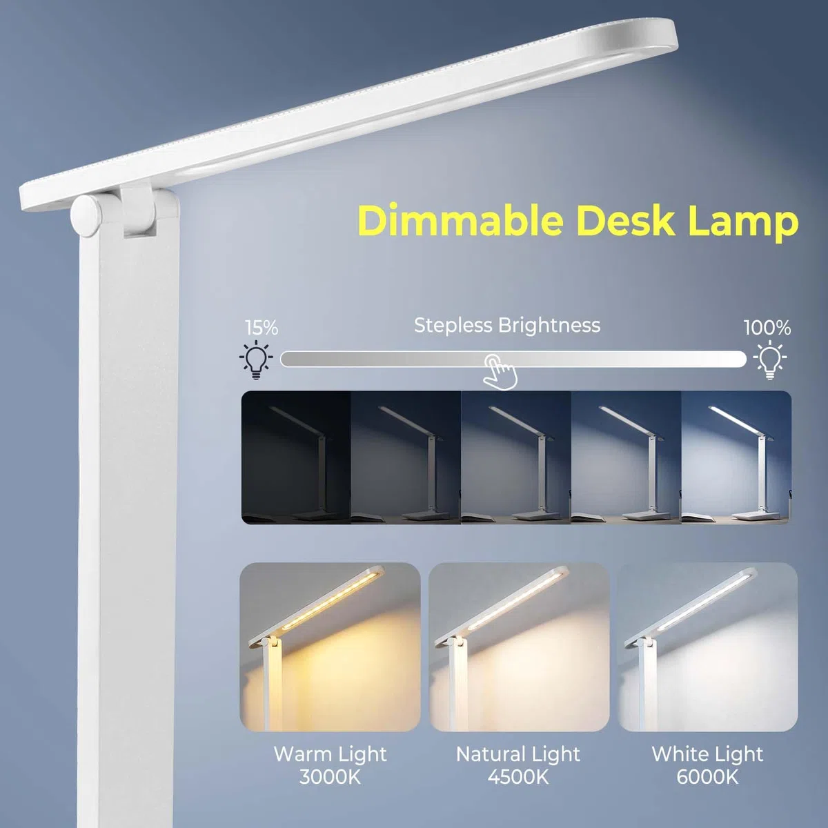 Diboniur Lampe de Bureau LED Sans Fil, Batterie Rechargeable Intégrée 1800 mAh, 3 Modes Températures, Luminosité Lumière Réglable 15 à 100%, Contrôle Tactile, Pliable Portable, Chevet, Lecture (Blanc)