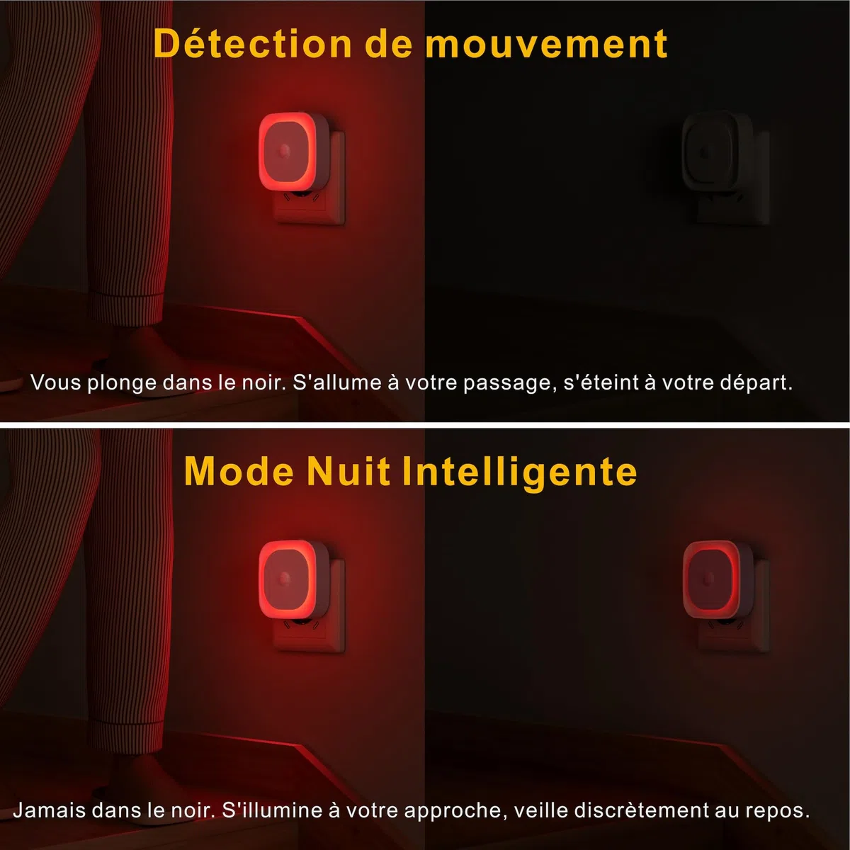 YUNLEX 2 Pcs Veilleuse Prise Électrique avec Détecteur de Mouvement, 3 modes de capteur, Luminosité réglable, pour les enfants, salle de bains, chambre à coucher, couloir, cuisine, Rouge