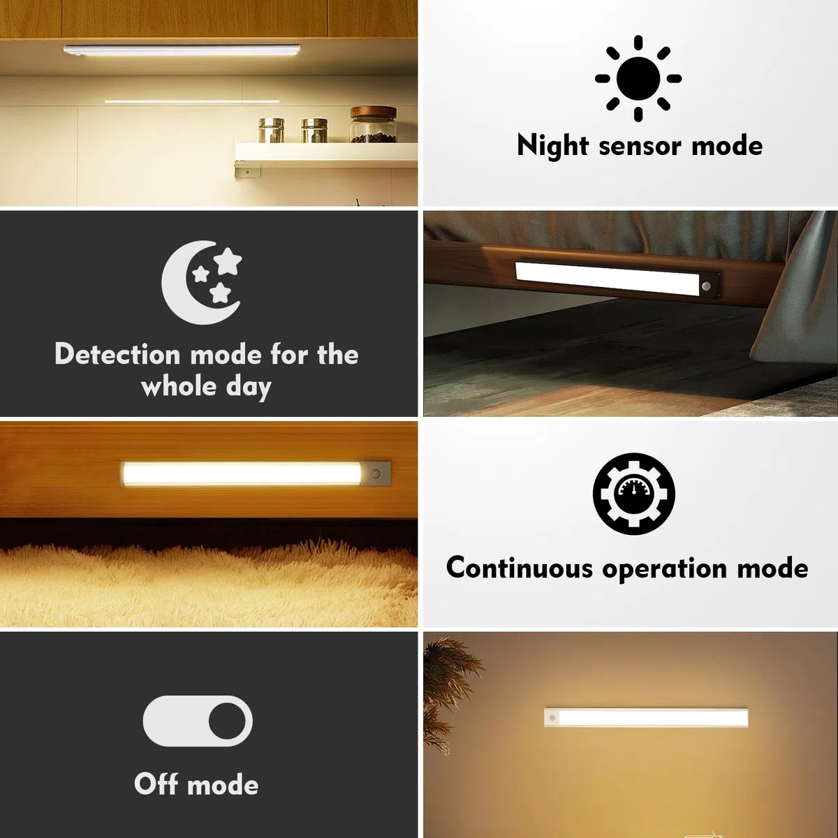 AiQInu 66 Lampe de placard LED avec détecteur de mouvement, Rechargeable par USB, lampe de placard 20 cm à intensité variable avec bande magnétique pour la cuisine, les escaliers