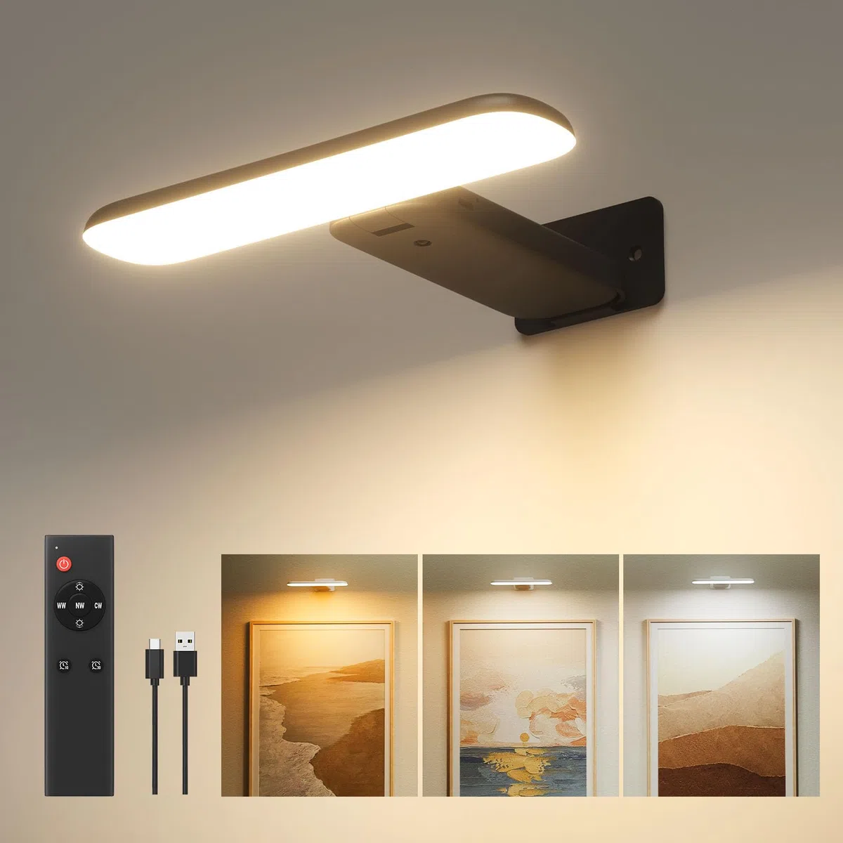 FULEN Applique Murale pour Tableaux, Éclairages Murales à Batterie Rechargeable, Lampe LED sans Fil pour Cible de Fléchettes, Lumiere pour Photos, 3 Températures de Couleur, Télécommande, Noir